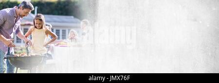 Digital composite of Father and daughter at bbq with white grunge transition Stock Photo