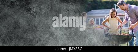 Digital composite of Father and daughter at bbq with grey grunge transition Stock Photo