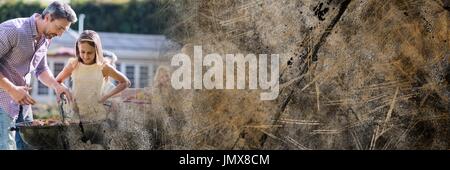 Digital composite of Father and daughter at bbq with brown grunge transition Stock Photo