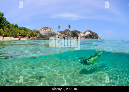 The Baths, Splitlevel with snorkeler and bloulder, The Baths, Virgin Gorda Island, British Virgin Islands, Caribbean Sea Stock Photo