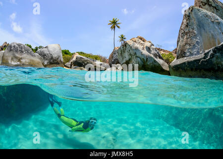 The Baths, Splitlevel with snorkeler and bloulder, The Baths, Virgin Gorda Island, British Virgin Islands, Caribbean Sea Stock Photo