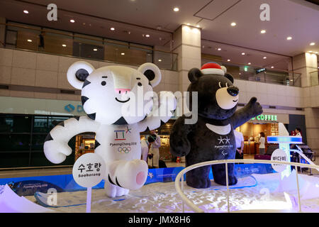 Mascots of the Winter Olympic Games 2018 in Pyeongchang - a white tiger Soohorang and Himalayan bear Bandabi on Jun 17, 2017 at Incheon International  Stock Photo