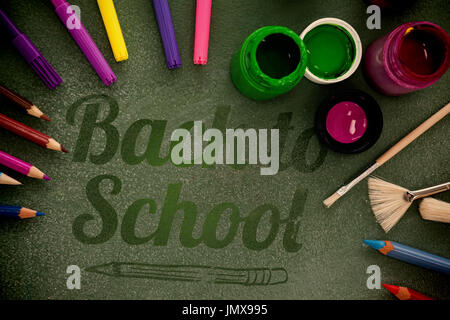 Back to school text over white background against high angle view of watercolor paints with highlighters Stock Photo