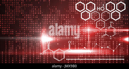 Digital image of chemical structure against blue technology interface with binary code Stock Photo