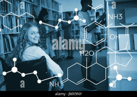 Composite image of chemical structure against disabled girl on wheelchair in library Stock Photo