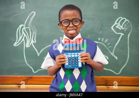 Digital image of hand holding banana against happy pupil showing calculator Stock Photo