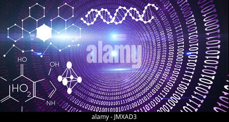 Illustration of chemical structure against spiral of shiny binary code Stock Photo