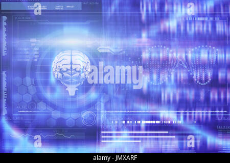 DNA helix and brain interface against abstract blue text Stock Photo