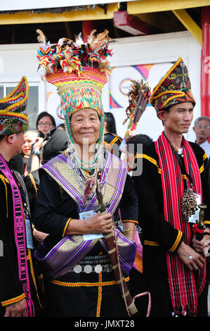 KOTA KINABALU, MALAYSIA - MAY 30, 2015: Bobohizan or high priestess in Kadazandusun pagan rites pose for guests during the State Harvest Festival Cele Stock Photo