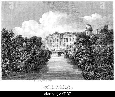 An engraving of Warwick Castle scanned at high resolution from a book printed in 1808.  Believed copyright free. Stock Photo