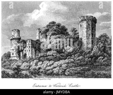 An engraving of the Entrance to Warwick Castle scanned at high resolution from a book printed in 1808.  Believed copyright free. Stock Photo