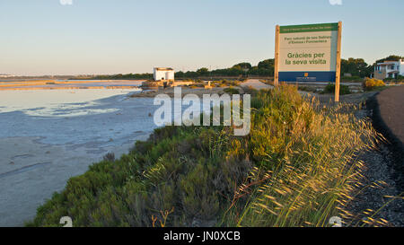 Salinas view with information sign in Ses Salines Natural Park (Formentera, Balearic Islands, Spain) Stock Photo