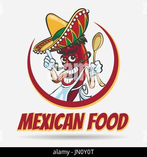 Cartoon mexican red chili pepper with green mustache in sombrero hat. Mexican food logo, labels, emblems and badges. Vector illustration. Stock Vector