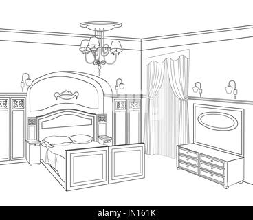 Bedroom furniture. Retro style room. Editable outline sketch of a interior. Graphical interior. Stock Photo