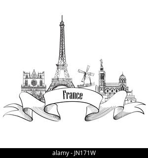 France label. Famous french architectural landmarks. Visit France banner. Stock Photo