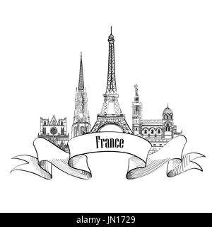 France label. Famous french architectural landmarks. Visit France banner. Stock Photo