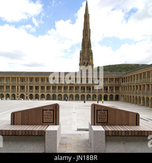 Halifax, UK. 28th July, 2017. Seating in the redeveloped courtyard of the Piece Hall in Halifax, England. The Grade-I listed building has undergone a two-year restoration costing £19 million and will re-open to the public on Yorkshire Day (1 August) 2017. Credit: Stuart Forster/Alamy Live News Stock Photo