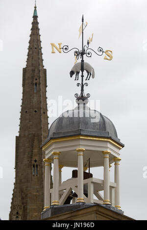 Halifax, UK. 28th July, 2017. The renovated weather vane of the Piece Hall, and spire of Square Chapel, in Halifax, England. The Grade-I listed building has undergone a two-year restoration costing £19 million and will re-open to the public on Yorkshire Day (1 August) 2017. Stock Photo