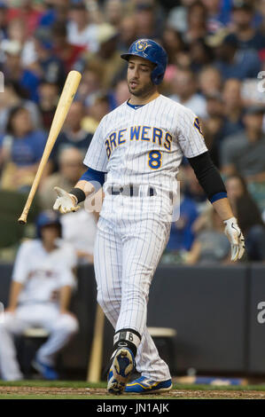 Milwaukee, WI, USA. 28th July, 2017. Milwaukee Brewers left fielder Ryan Braun #8 reacts after a swing in the Major League Baseball game between the Milwaukee Brewers and the Chicago Cubs at Miller Park in Milwaukee, WI. John Fisher/CSM/Alamy Live News Stock Photo