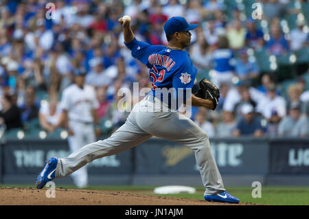 Milwaukee, WI, USA. 28th July, 2017. Chicago Cubs starting pitcher Jose Quintana #62 delivers a pitch in the Major League Baseball game between the Milwaukee Brewers and the Chicago Cubs at Miller Park in Milwaukee, WI. John Fisher/CSM/Alamy Live News Stock Photo