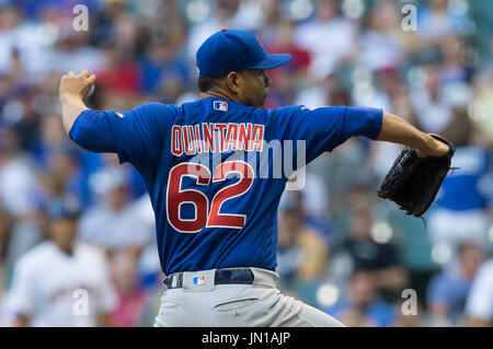 Milwaukee, WI, USA. 28th July, 2017. Chicago Cubs starting pitcher Jose Quintana #62 delivers a pitch in the Major League Baseball game between the Milwaukee Brewers and the Chicago Cubs at Miller Park in Milwaukee, WI. John Fisher/CSM/Alamy Live News Stock Photo