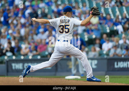 Milwaukee, WI, USA. 28th July, 2017. Milwaukee Brewers relief pitcher Brent Suter #35 delivers a pitch in the Major League Baseball game between the Milwaukee Brewers and the Chicago Cubs at Miller Park in Milwaukee, WI. John Fisher/CSM/Alamy Live News Stock Photo