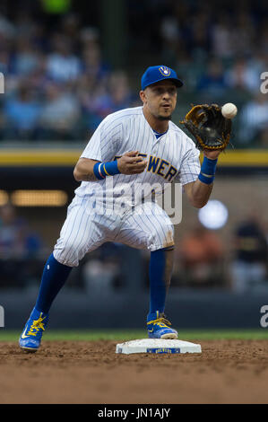 Milwaukee, WI, USA. 28th July, 2017. Milwaukee Brewers left fielder Hernan Perez #14 turns a double play in the Major League Baseball game between the Milwaukee Brewers and the Chicago Cubs at Miller Park in Milwaukee, WI. John Fisher/CSM/Alamy Live News Stock Photo