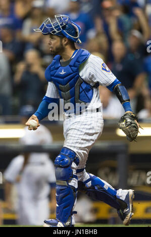 Milwaukee, WI, USA. 28th July, 2017. Milwaukee Brewers catcher Manny Pina #9 reacts after the Brewers win game one of the series in the Major League Baseball game between the Milwaukee Brewers and the Chicago Cubs at Miller Park in Milwaukee, WI. John Fisher/CSM/Alamy Live News Stock Photo
