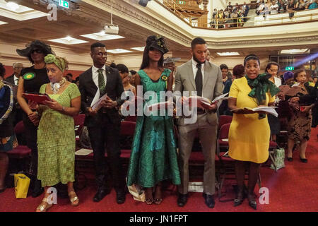 London, UK. 29th July, 2017. Left to right, June Daley in black, Donna Croll, actress, Andre Coore Chevening Scholar, Olive Murray. Jamaica's High Commissioner to the UK, Seth George Ramocan leads a service of praise and thanksgiving at Methodist Central Hall, Westminster, with song, dance and spoken contributions and sermons including the Deputy Lord Mayor of Westminster, Councillor Jan Prendergast. © Peter Hogan/Alamy Live News Stock Photo