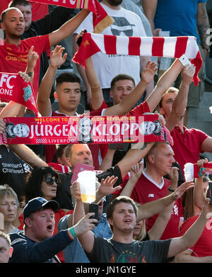 Berlin, Germany. 29th July, 2017. Liverpool fans wave scarves in the stands ahead of the international club friendly soccer match between Hertha BSC and FC Liverpool in the Olympia Stadium in Berlin, Germany, 29 July 2017. Photo: Soeren Stache/dpa/Alamy Live News Stock Photo