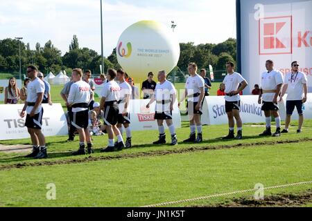 The World Games, an international multi-sport event is hold on July 29 in Wroclaw, Poland. Marsowe Fields, tug of war competiton.  In the picture: Polish team.