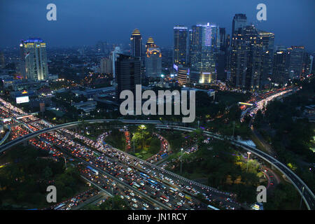 Semanggi interchanges bridge, Jakarta, which has completed the construction process and began the traffic test phase on July 28, 2017 night. The interchanges of Semanggi are a Jakarta Provincial Government project that was built during the leadership of Basuki Tjahaja Purnama as an effort to overcome traffic congestion in the capital city, at least 30%. Groundbreaking this project was conducted by Basuki Tjahaja Purnama, when he was still serving as Governor of Jakarta, on April 8, 2016. The grand launching of Semanggi interchanges is planned to be conducted by President Joko Widodo on August Stock Photo