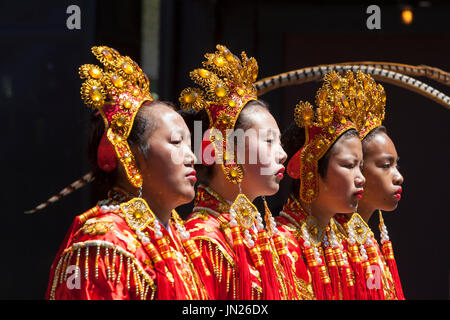 Seattle, Washington: Chinese Community Girls Drill Team performs at the West Seattle Grand Parade. The annual parade, hosted by the West Seattle Rotar Stock Photo