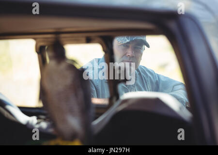 Close up of man looking at sparrowhawk in car through window Stock Photo