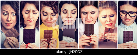 Women tired of diet restrictions craving sweets chocolate. Human face expression emotion. Feelings of guilt Stock Photo