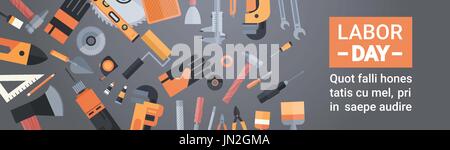 Labor Day Holiday Greeting Card Over Set Of Repair And Construction Working Tools Background Stock Vector