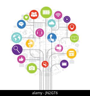 Social Media Icons Connected With Lines On White Background Network Communication Concept Stock Vector