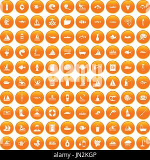 100 water icons set orange Stock Vector