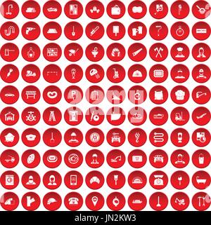 100 working professions icons set red Stock Vector