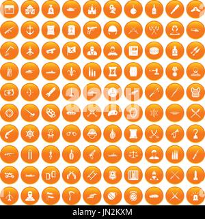 100 weapons icons set orange Stock Vector