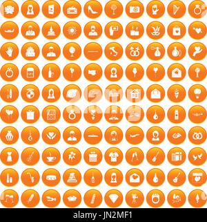 100 wedding icons set orange Stock Vector