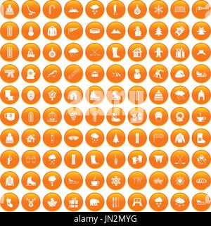 100 winter icons set orange Stock Vector