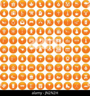 100 winter holidays icons set orange Stock Vector