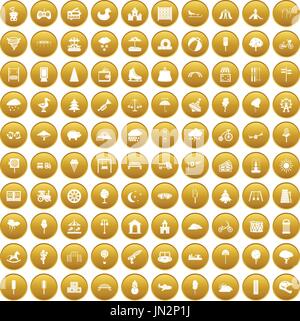 100 childrens park icons set gold Stock Vector