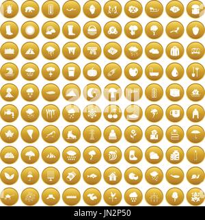 100 clouds icons set gold Stock Vector
