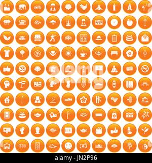 100 yoga studio icons set orange Stock Vector