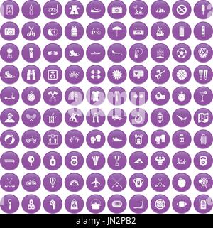 100 active life icons set purple Stock Vector