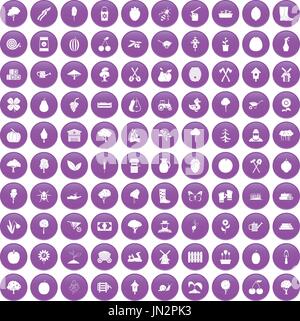 100 agriculture icons set purple Stock Vector