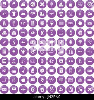 100 alarm clock icons set purple Stock Vector