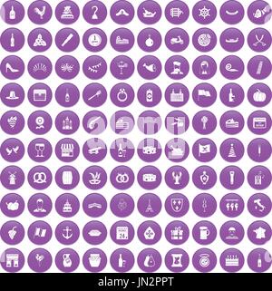 100 alcohol icons set purple Stock Vector